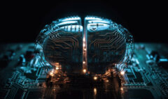 Glowing circuit board, complex technology inside modern computer generated by AI