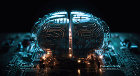 Glowing circuit board, complex technology inside modern computer generated by AI