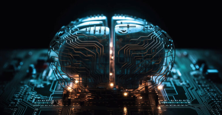 Glowing circuit board, complex technology inside modern computer generated by AI